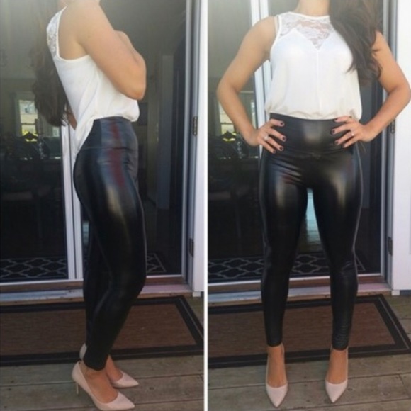 New Black Faux Vegan Leather Leggings High Waist Tummy Control Sexy - Picture 2 of 6
